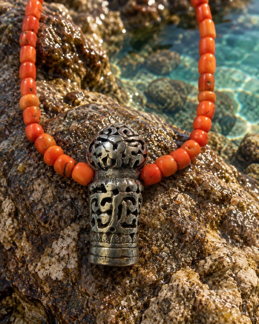 Coral con pieza cilíndrica de plata calada · en su ambiente