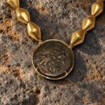 Cuentas doradas con moneda antigua · en su ambiente