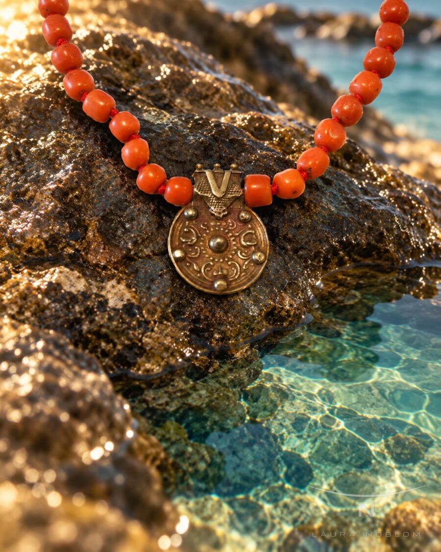 Coral rojo con colgante circular · en su ambiente