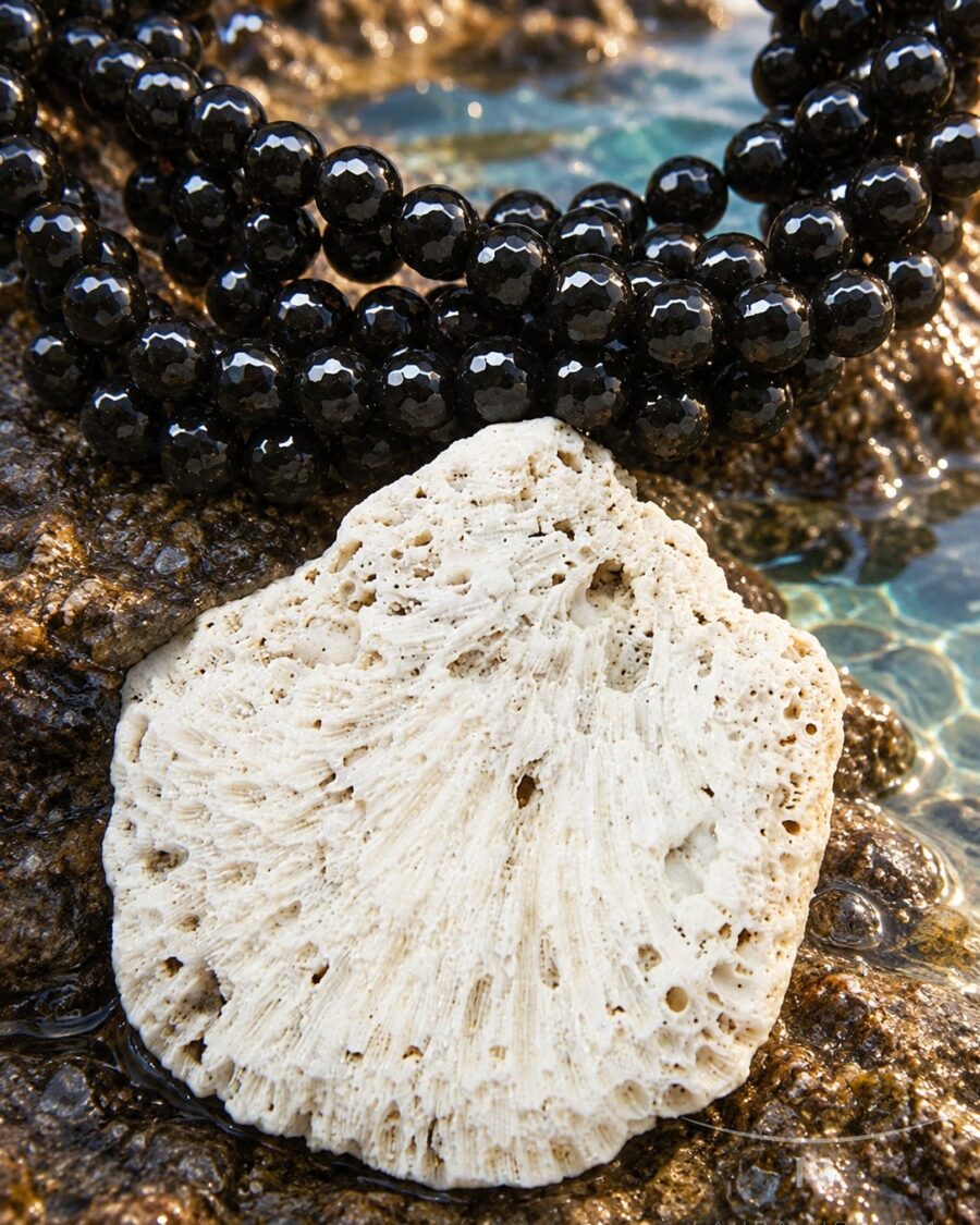 Cuentas negras con coral blanco · en su ambiente