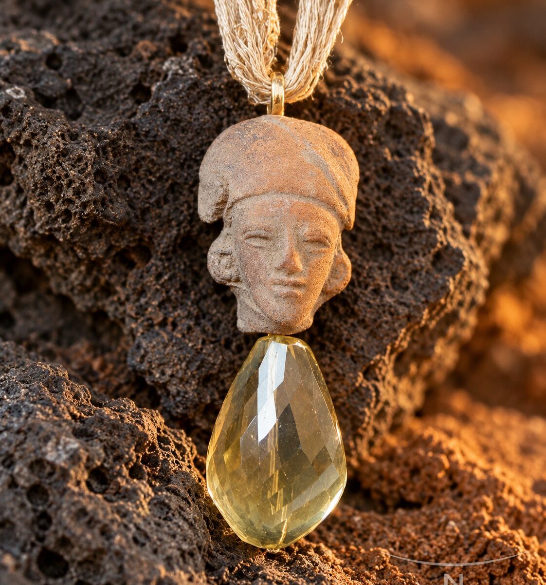 Cabeza de terracota con cuarzo amarillo · en su ambiente